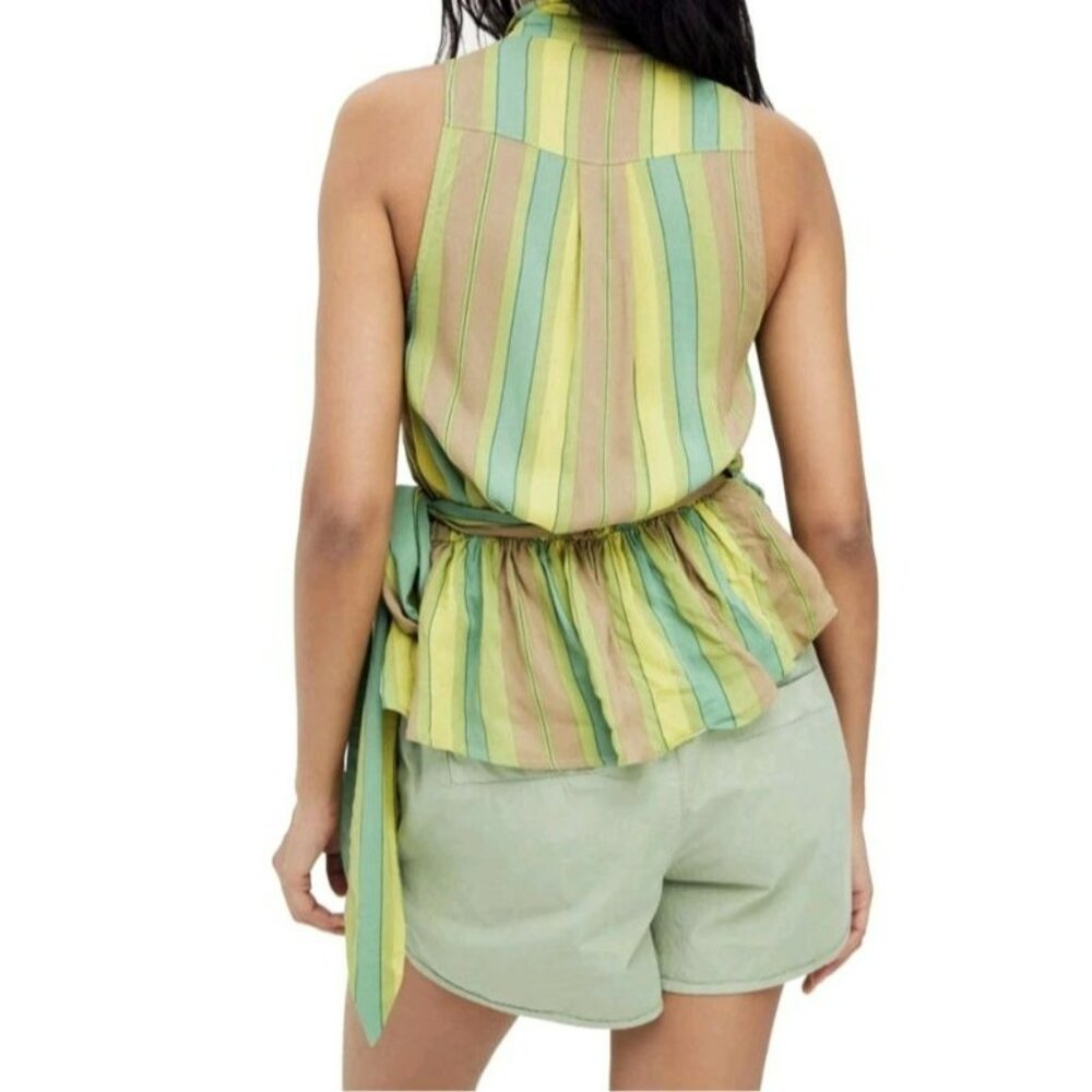 Free People Striped Sleeveless Button-Down Tie-Front Blouse Top S Green & Yellow - Picture 9 of 12